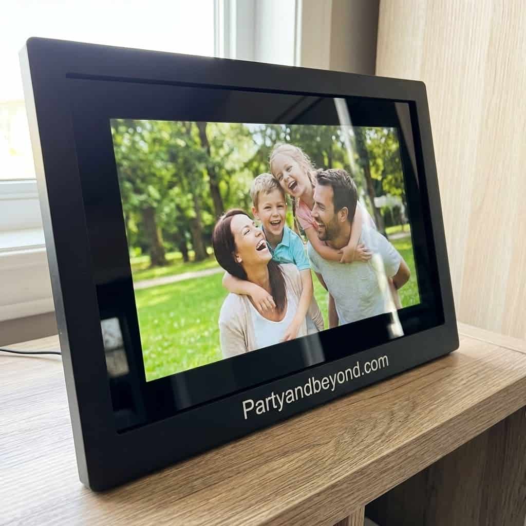 Family enjoying outdoor time on digital photo frame at home.