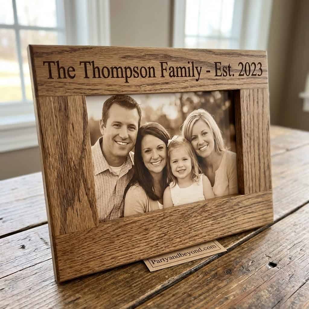 Personalized wooden family photo frame with custom text for special occasions.