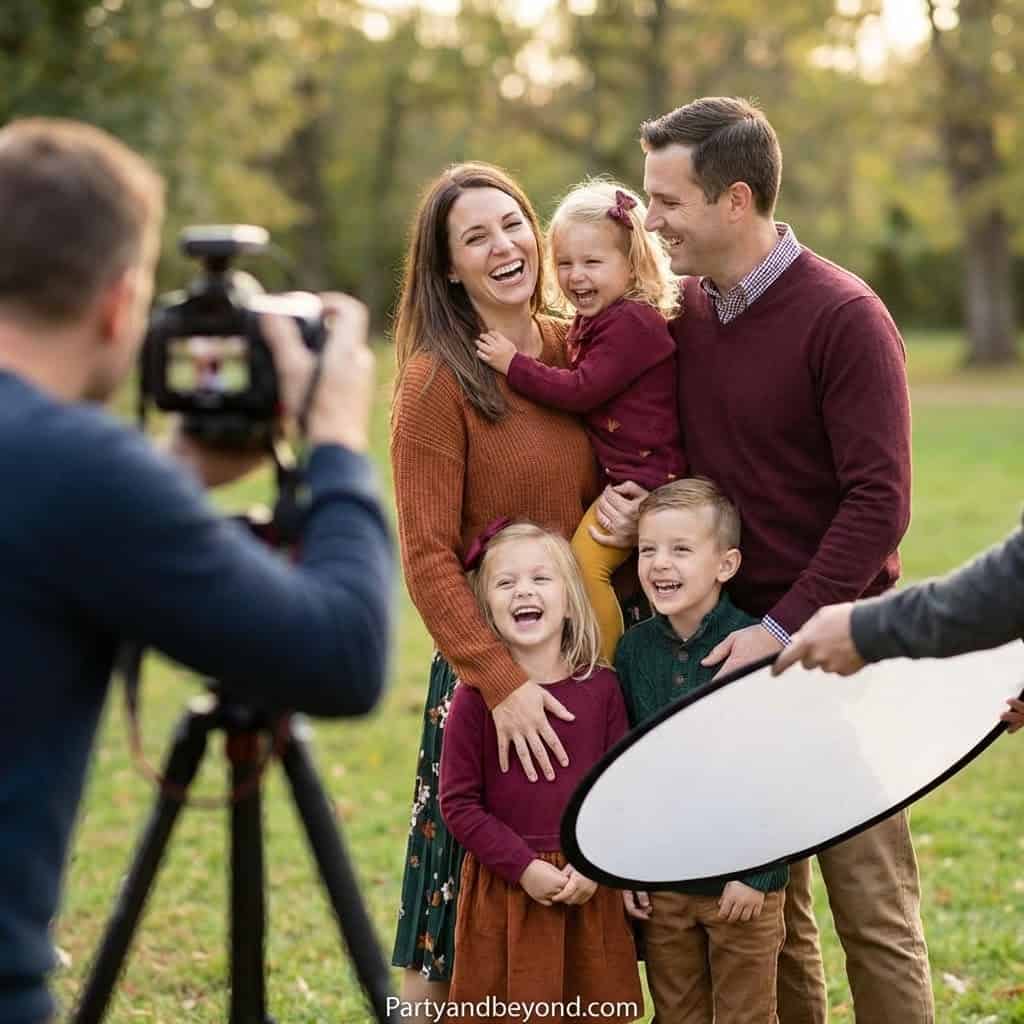 Family enjoying outdoor photoshoot with professional photographer, capturing joyful moments for Moth.