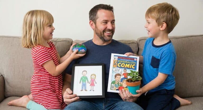 Father and kids exchanging thoughtful Father's Day gifts at home.