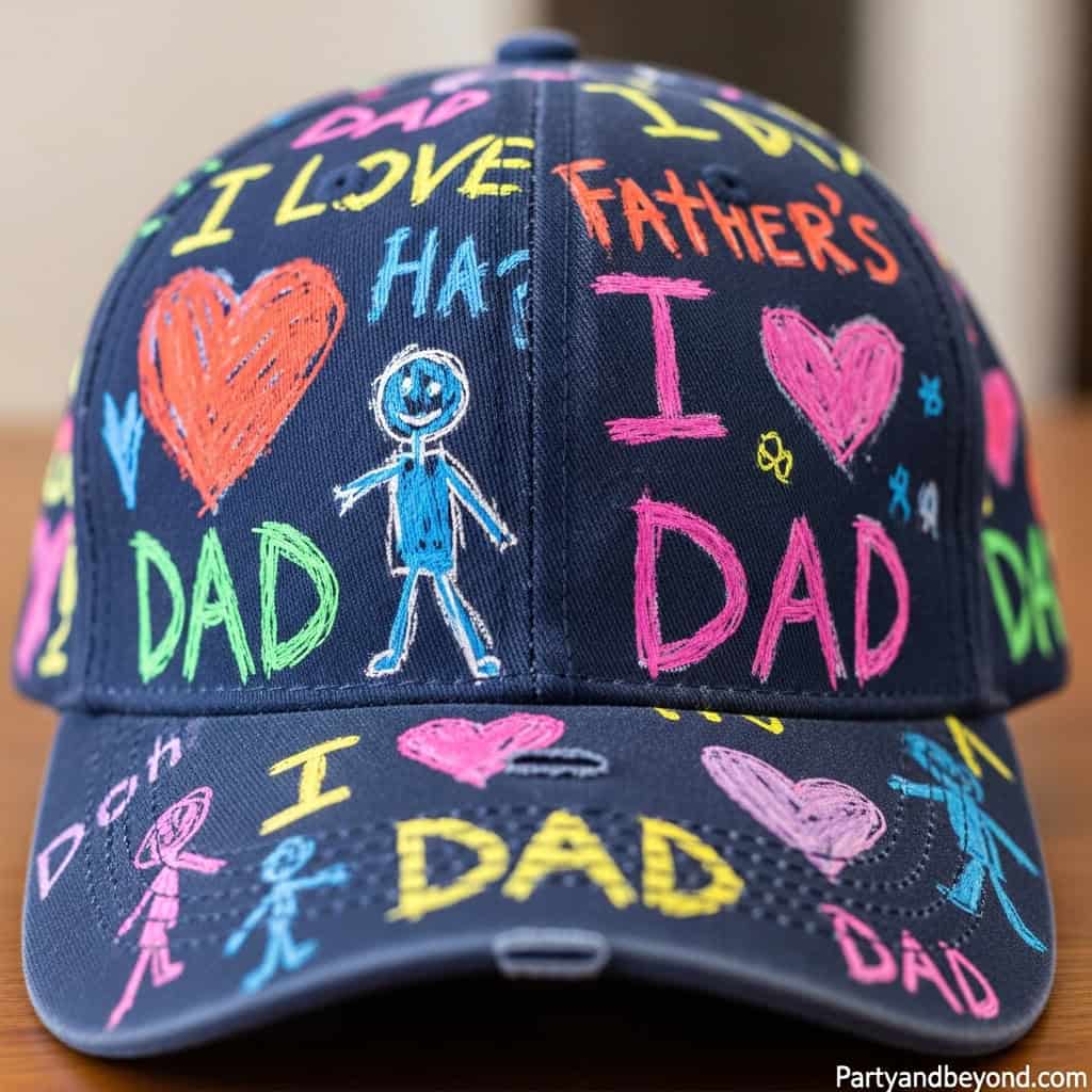 Brightly decorated baseball cap with heartfelt messages and drawings for dad, perfect for celebratin.