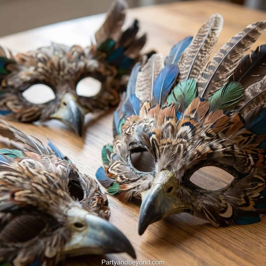 Colorful feather masks for kids' DIY craft projects.