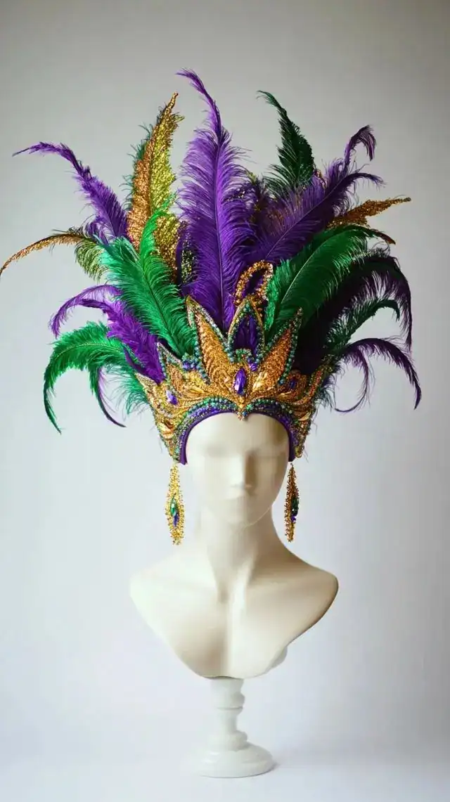 Colorful Mardi Gras feather headdress with purple, green, gold, and black feathers and ornate detail.