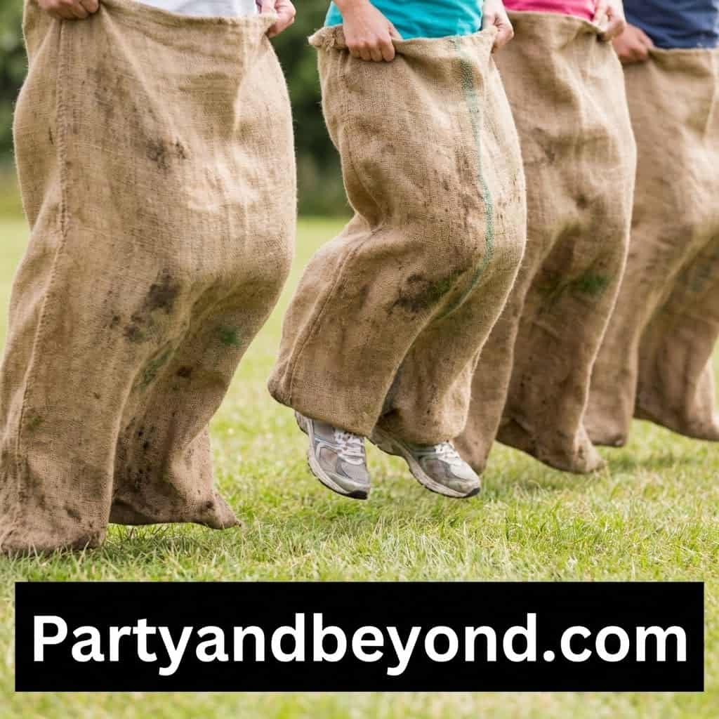 Kids participating in a sack race at a birthday party