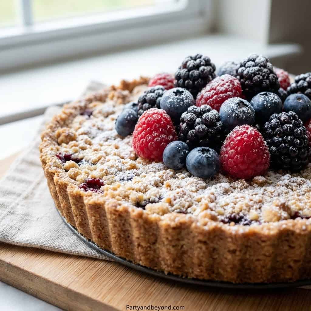 Delicious berry tart topped with fresh raspberries, blackberries, and blueberries, perfect for gifti.