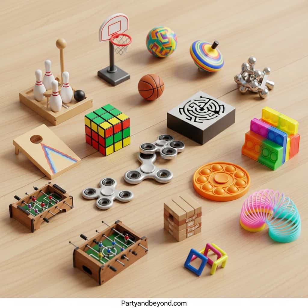 A collection of toys and games ideal for Father's Day gifts, including puzzles, sports items, and cl.