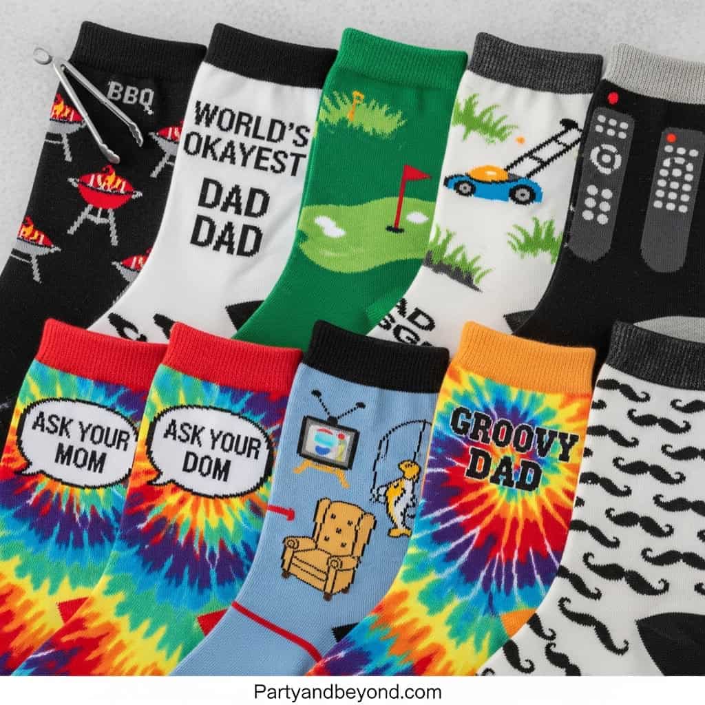 Colorful socks with dad-themed designs for Father's Day gifts.