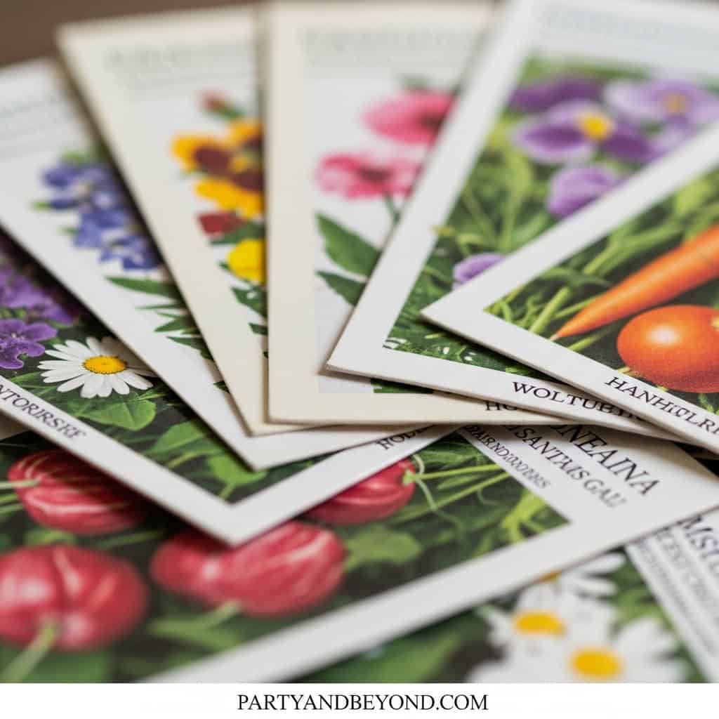 Seed packets featuring colorful flowers and vegetables for gardening enthusiasts.