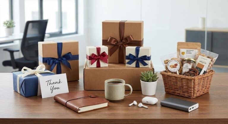 Employee appreciation gift boxes with thank you notes and snacks on office desk.