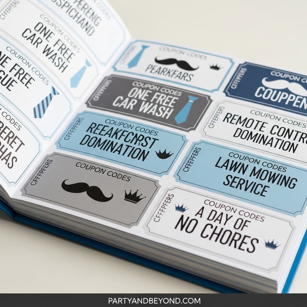 Father's Day gift coupon book with fun offers for dad, including car wash and no chores.