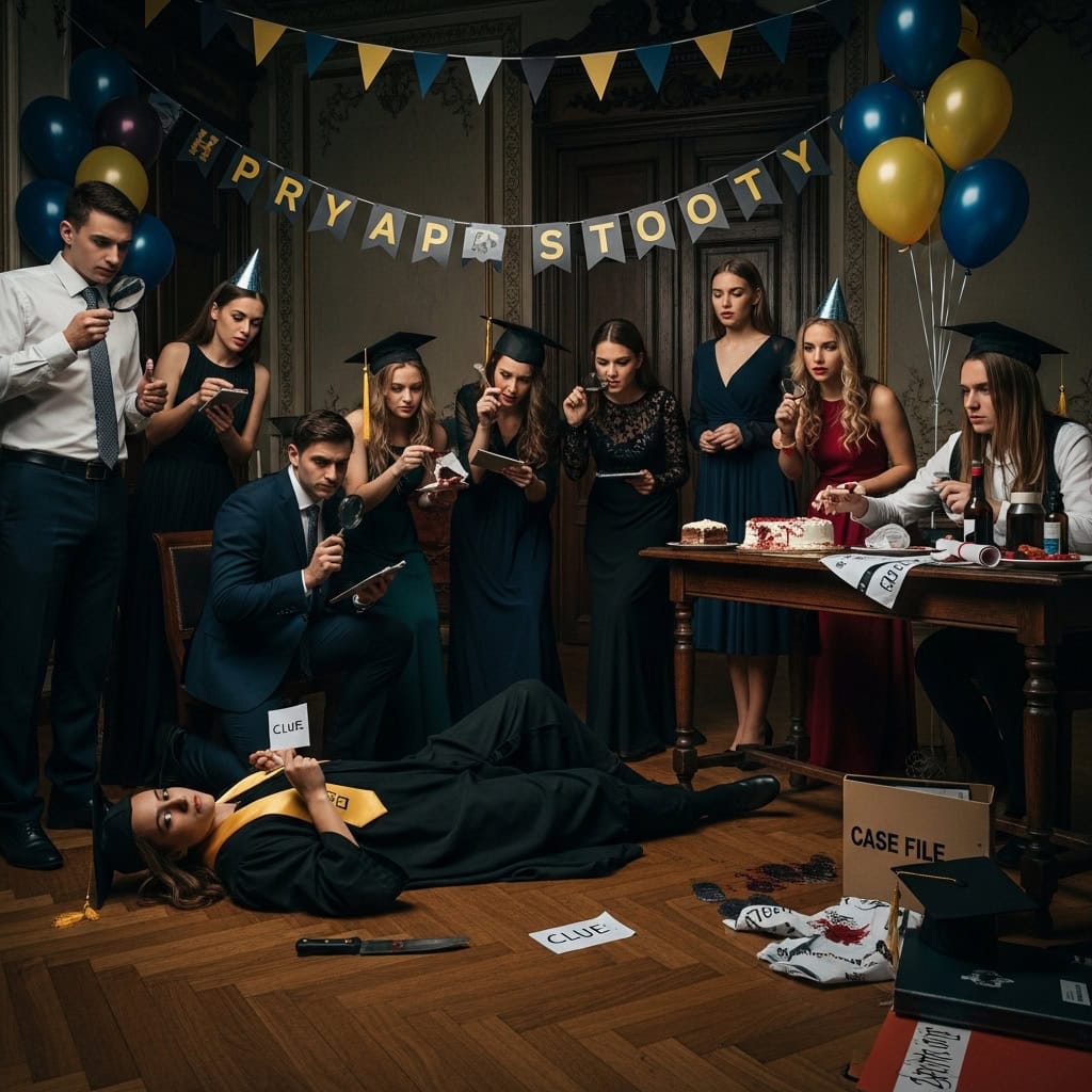Group of young adults at a graduation party with decorations and themed props.