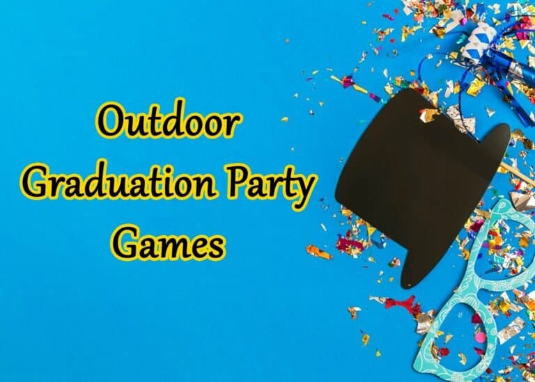 Outdoor graduation party games with confetti and a black hat on a blue background.