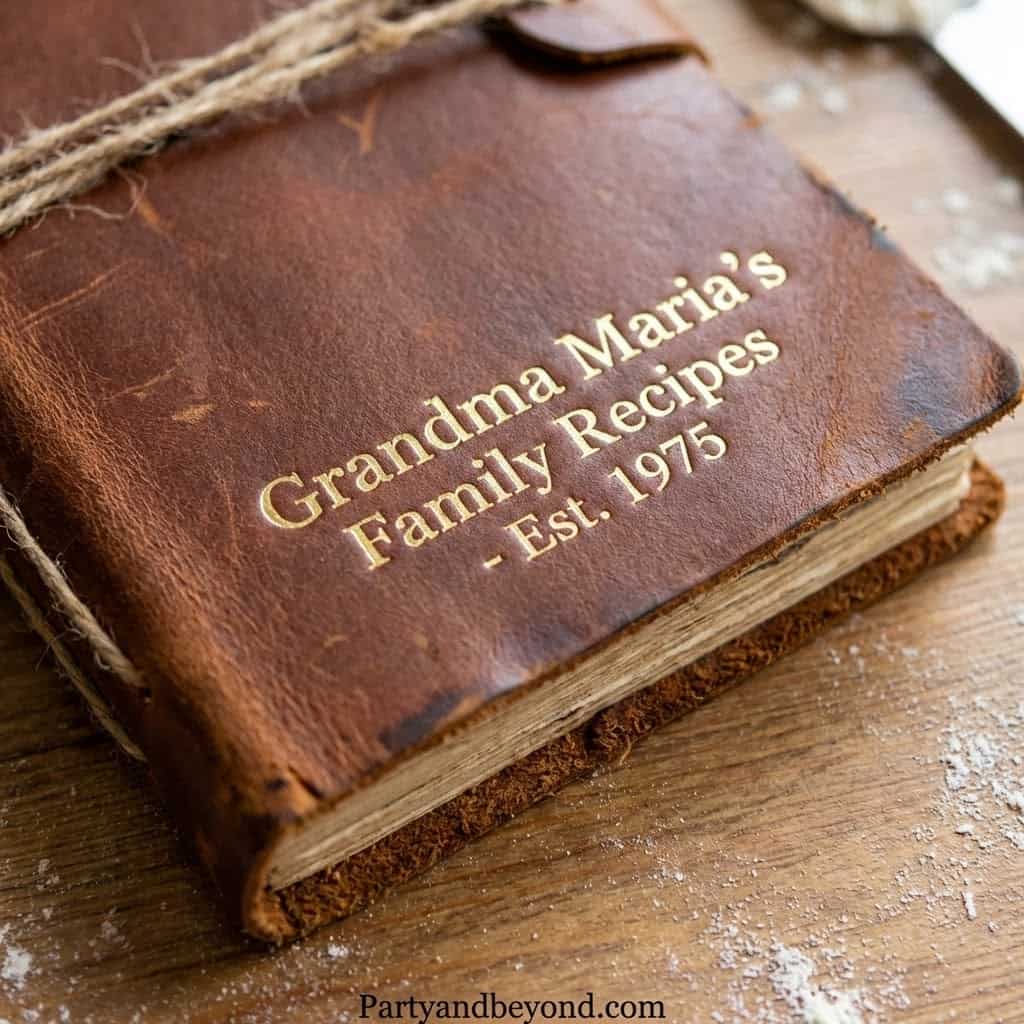 Vintage leather-bound family recipe book for Grandma Maria.