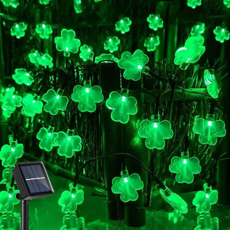 Green shamrock-shaped string lights perfect for St. Patrick's Day celebrations and festive decor.