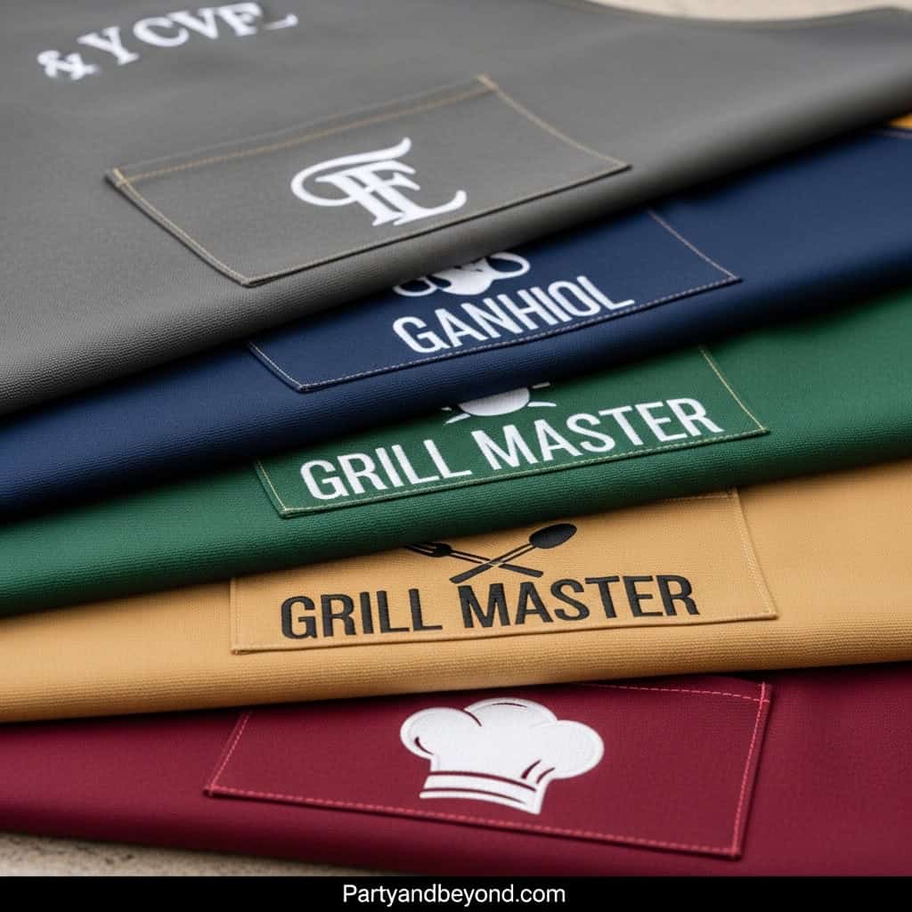 Colorful Grill Master aprons with personalized embroidery for Father's Day.