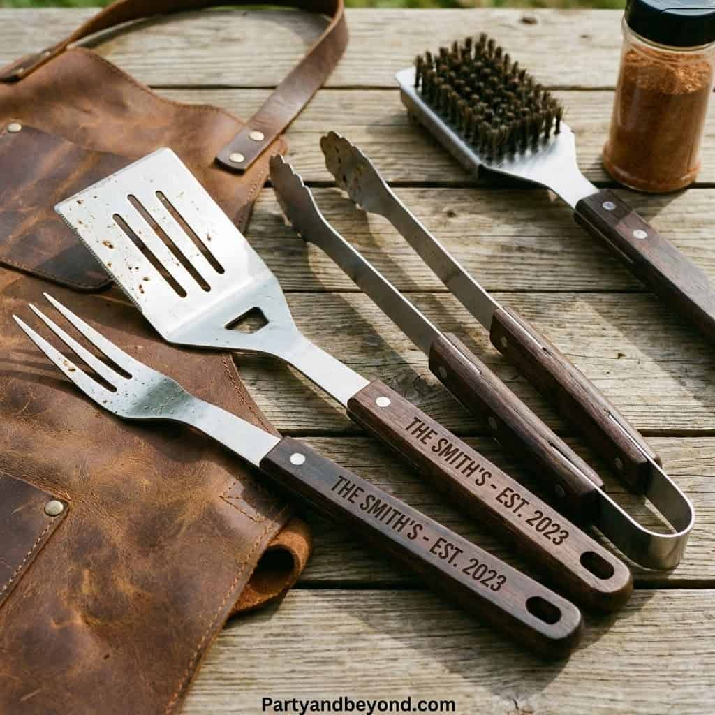 Barbecue grilling tools with personalized engraving.