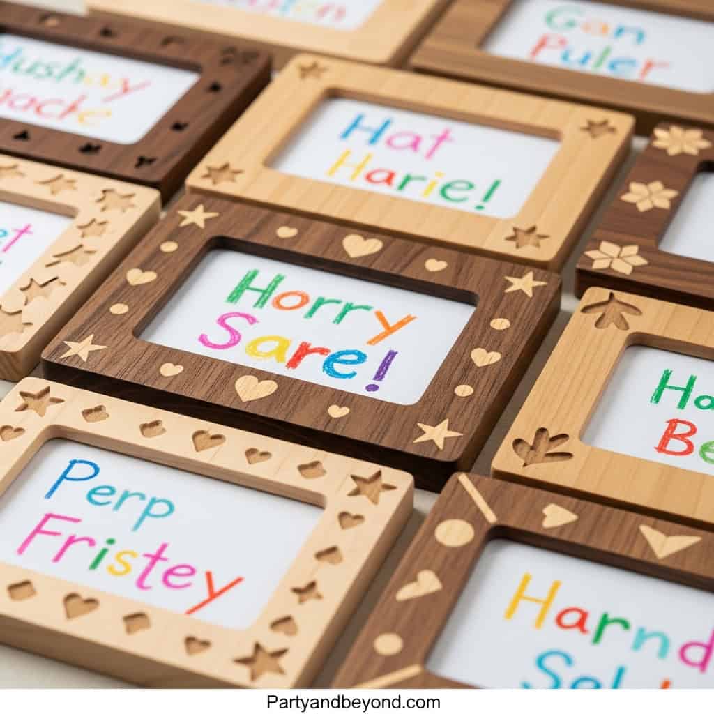 Custom wooden photo frames with colorful names, perfect for Father's Day gifts from kids.