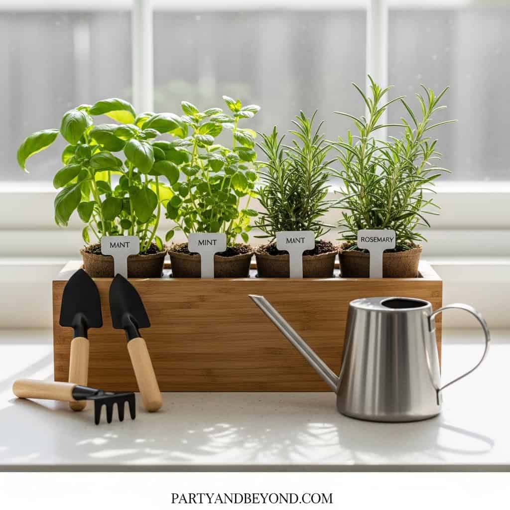Herb garden with basil, mint, rosemary, gardening tools, and watering can on windowsill.