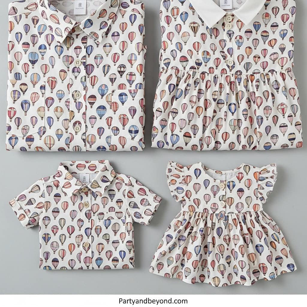 Bright hot air balloon print on children's shirts and dress for playful style.