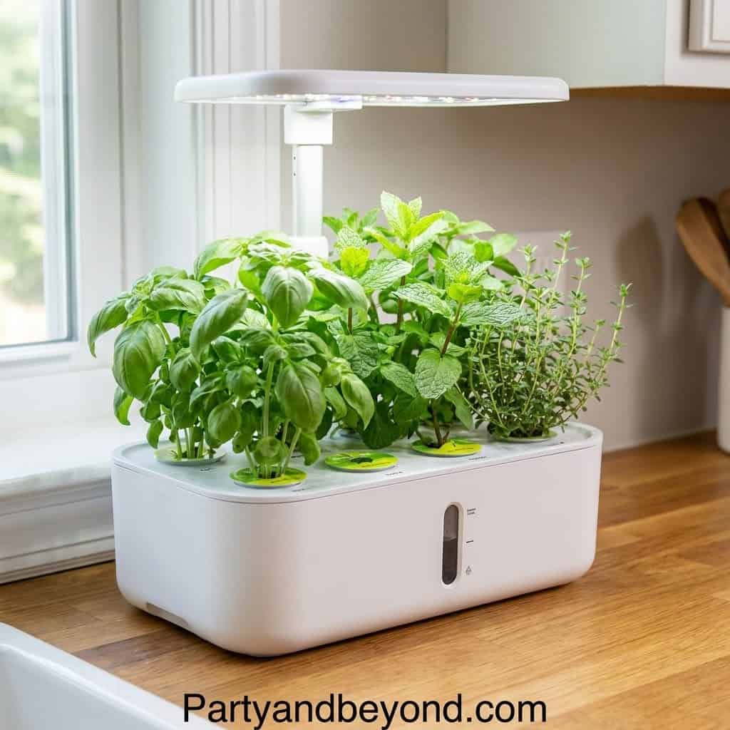 Indoor herb garden with LED grow light for fresh herbs and kitchen decor.