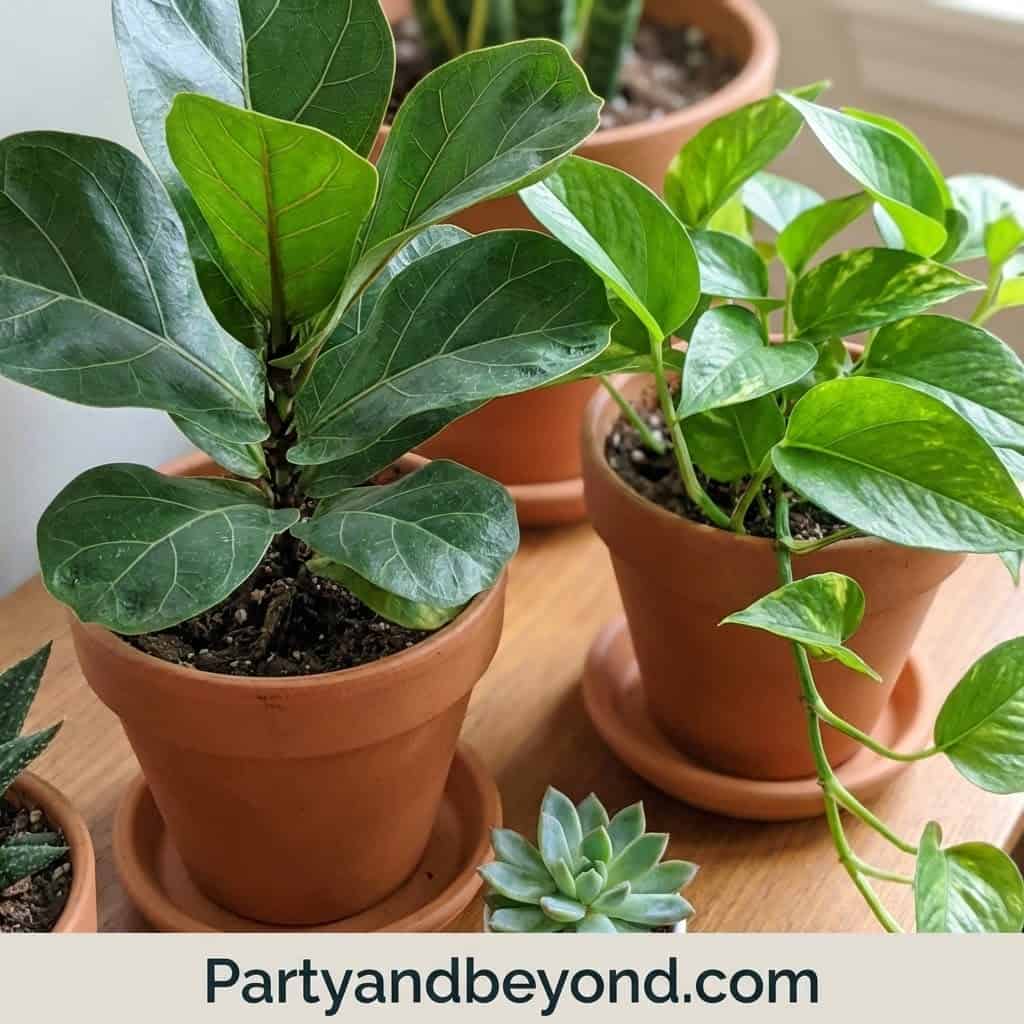 Green leafy houseplants in terracotta pots for a fresh, natural look.