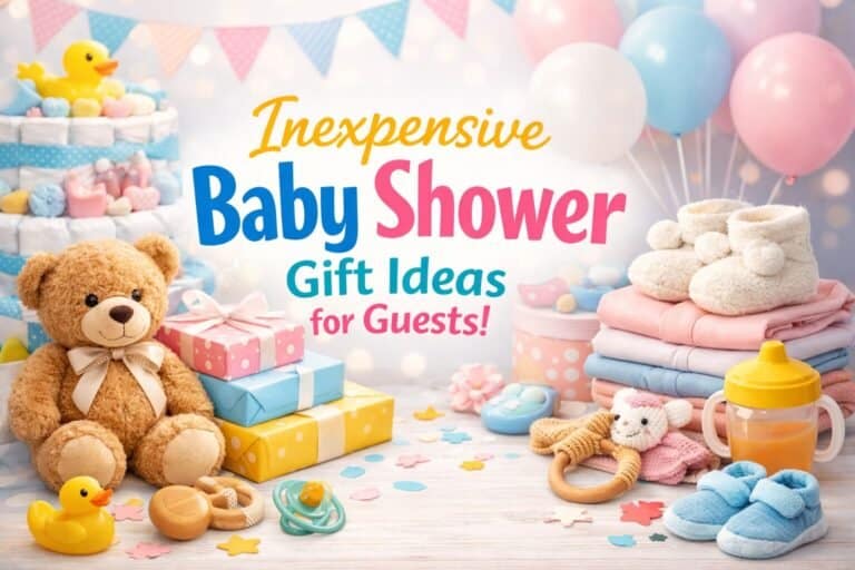 Baby shower gift ideas with toys, clothes, and decor for guests on a budget.
