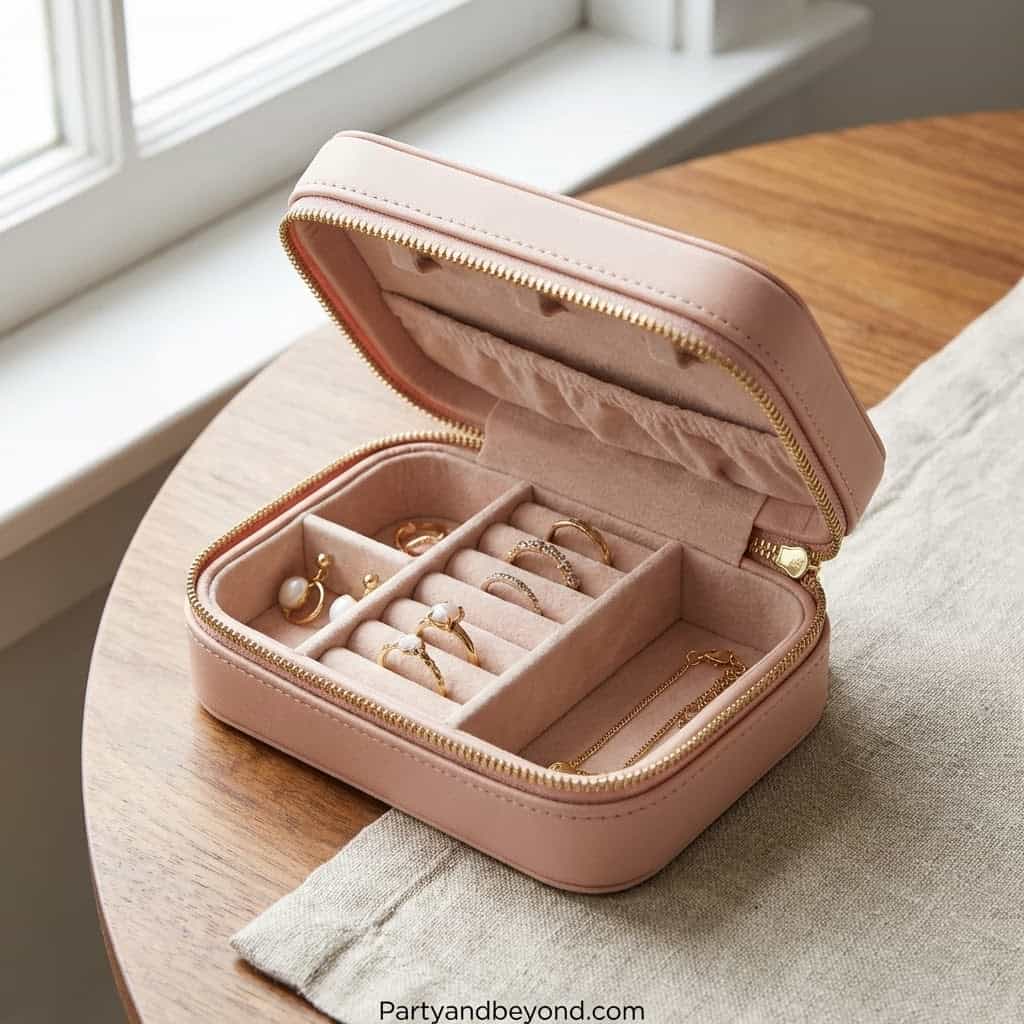 Jewelry storage case with rings, earrings, and necklace compartments, perfect for Sweet 16 gift idea.