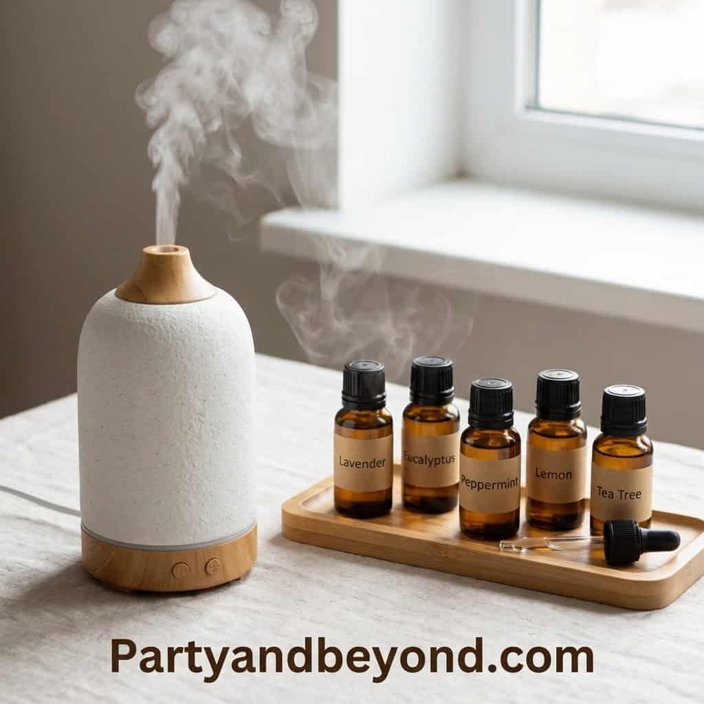 Aromatherapy diffuser with lavender, eucalyptus, lemon, peppermint, and tea tree essential oils for.