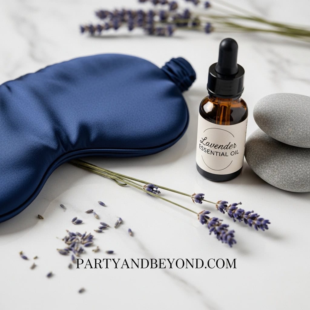 Lavender essential oil with hot/cold pack and lavender sprigs for relaxation and self-care.
