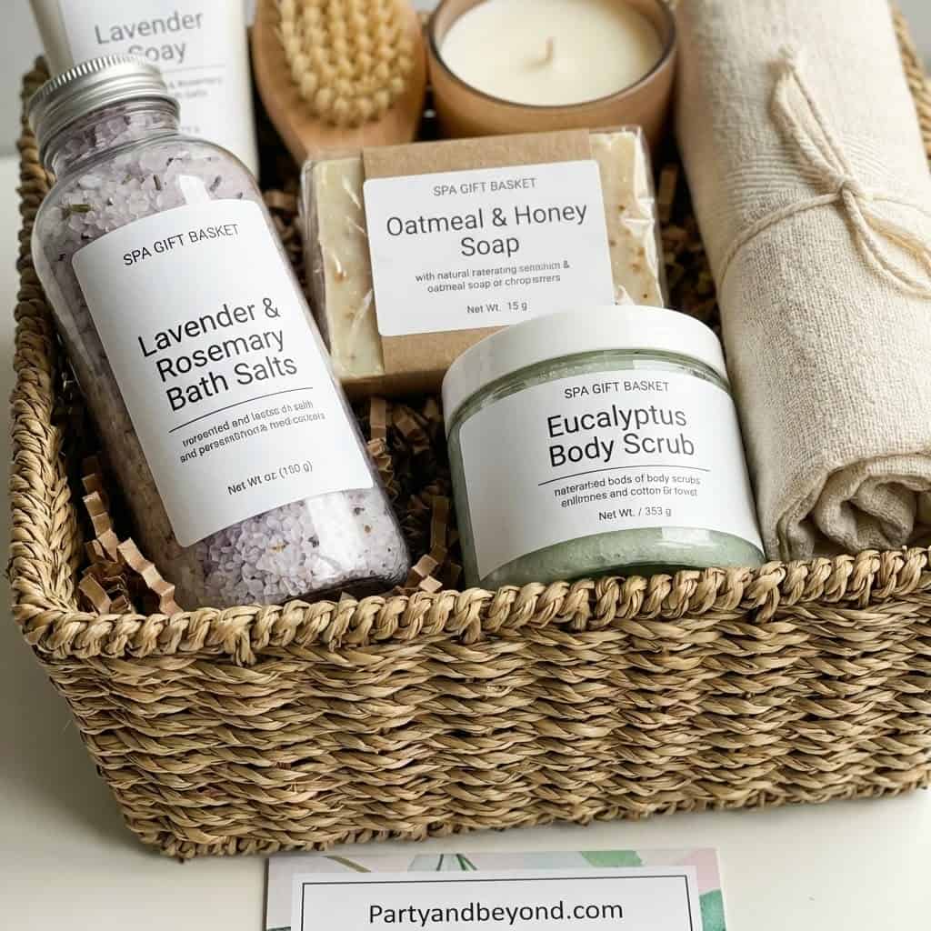 Relaxing lavender and rosemary bath salts, soap, and body scrub in a gift basket. Perfect 30th birth.