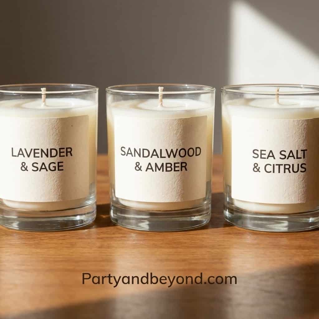 Set of three scented candles with natural fragrances for home decor and relaxation.