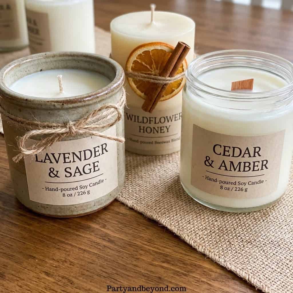 Hand-poured soy candles with natural scents for relaxing ambiance.
