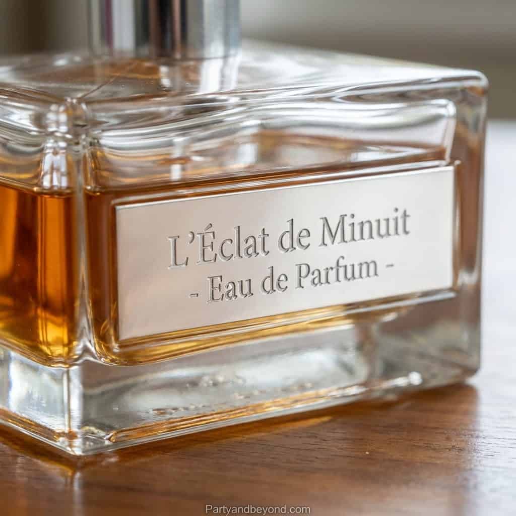 Elegant perfume bottle with amber liquid, labeled "L'Éclat de Minuit Eau de Parfum.".