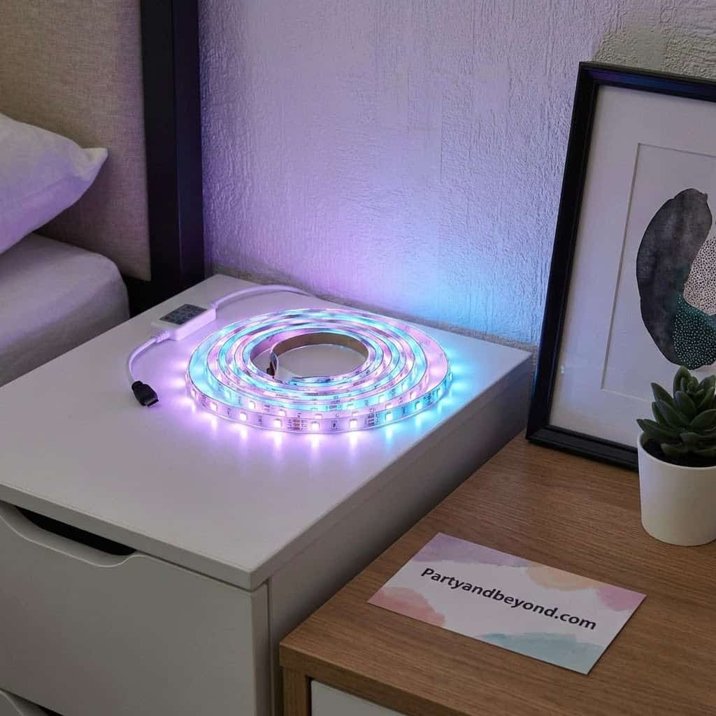 Colorful LED strip light on a bedside table, perfect for creating a festive atmosphere for Sweet 16.