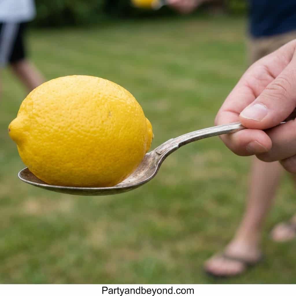 Lemon balancing game for summer parties and outdoor fun.