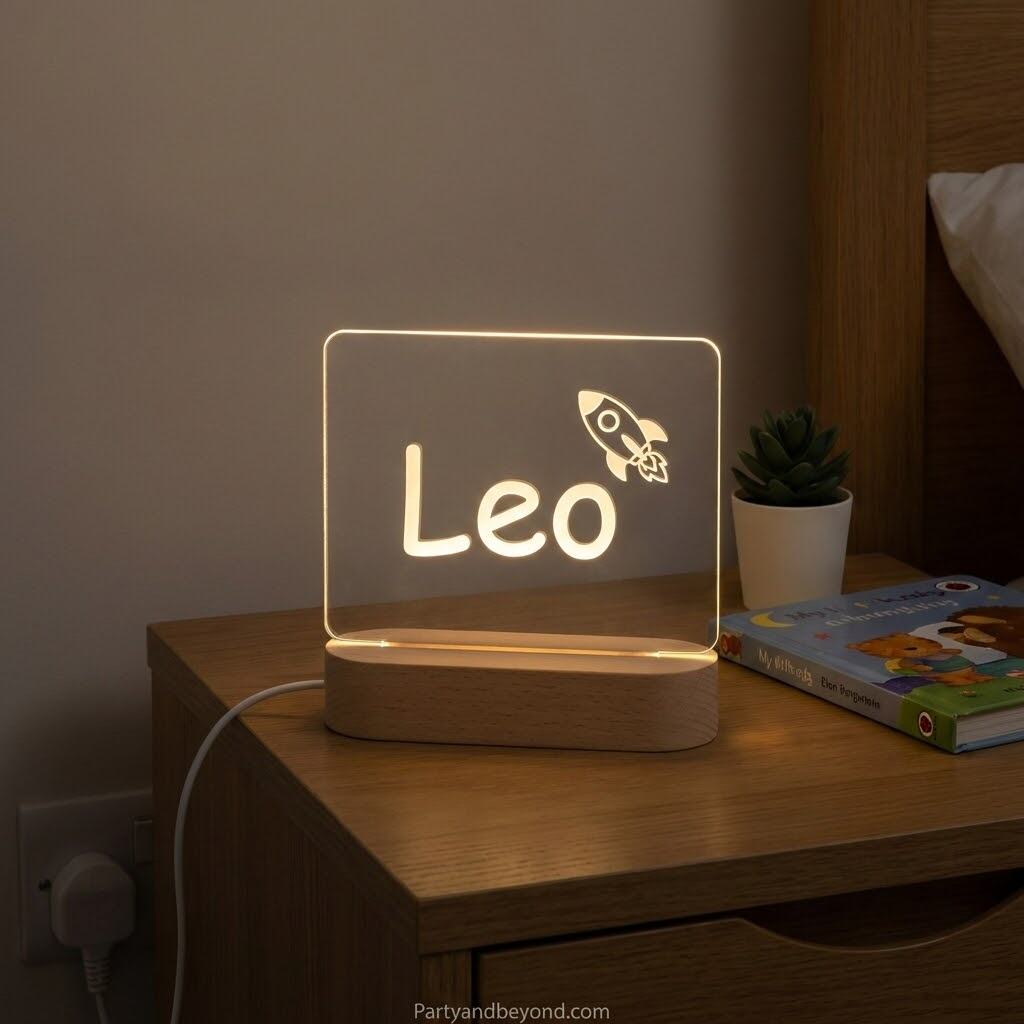 Personalized Leo LED night light with rocket design, perfect for anniversary gifts for husband.