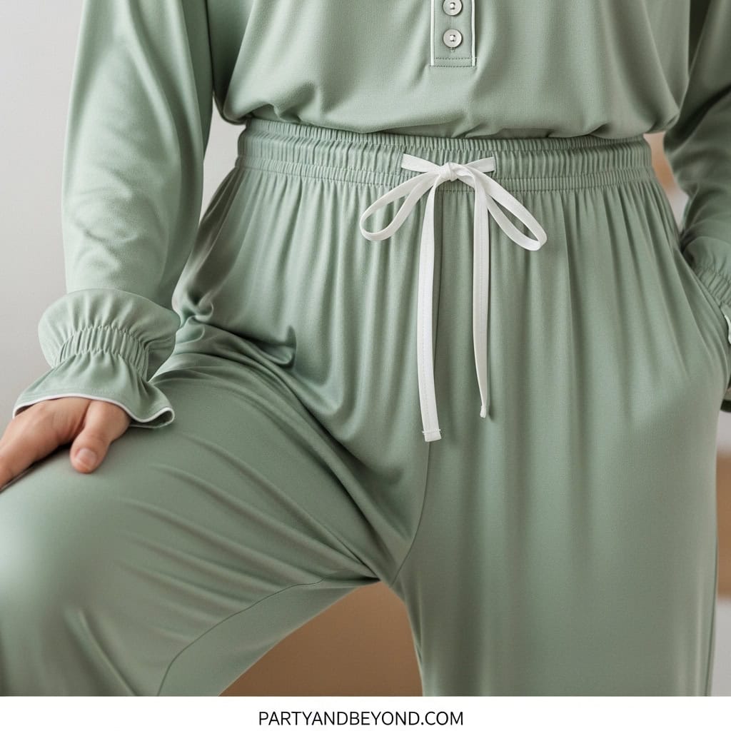 Comfortable sage green loungewear with elastic waistband and drawstring.