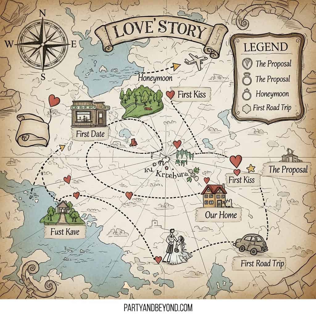 Romantic love story map illustrating key moments like first date, first kiss, proposal, honeymoon, a.