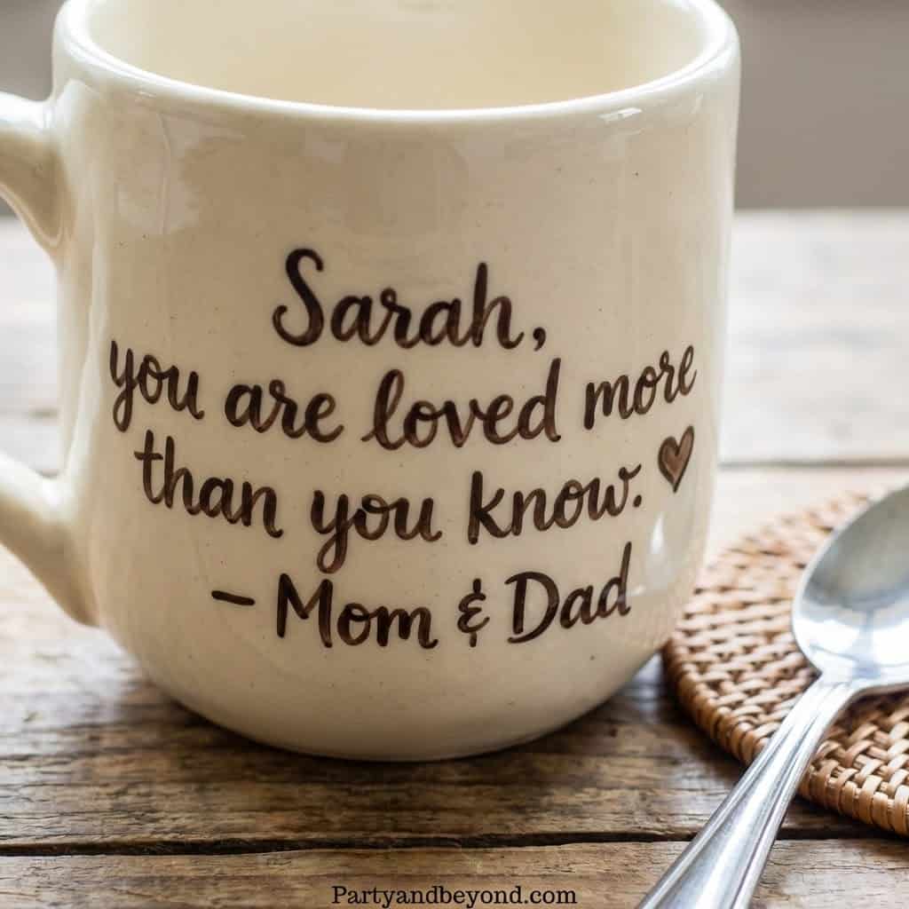 Personalized mug with "Sarah, you are loved more than you know" message for parents.