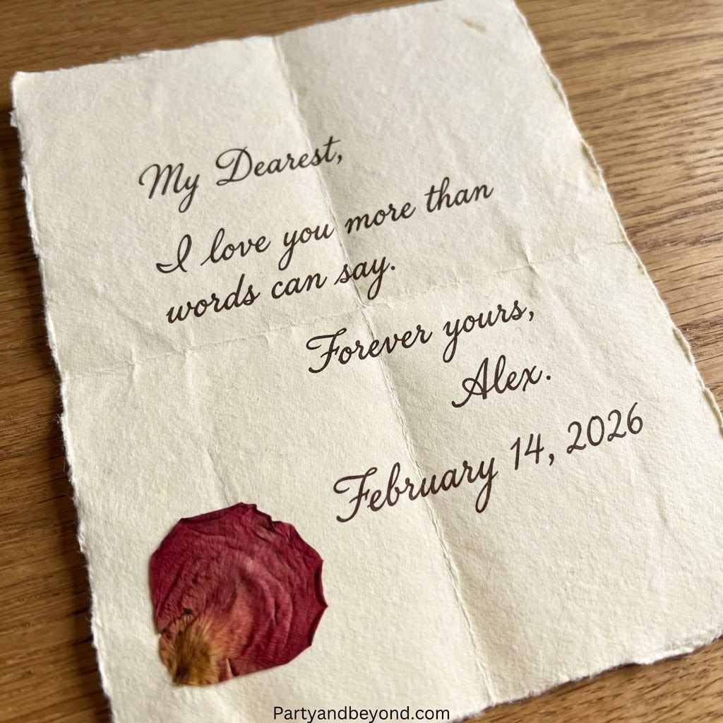 Personalized love message for Mother’s Day 2026 on a handwritten note with a dried rose petal.