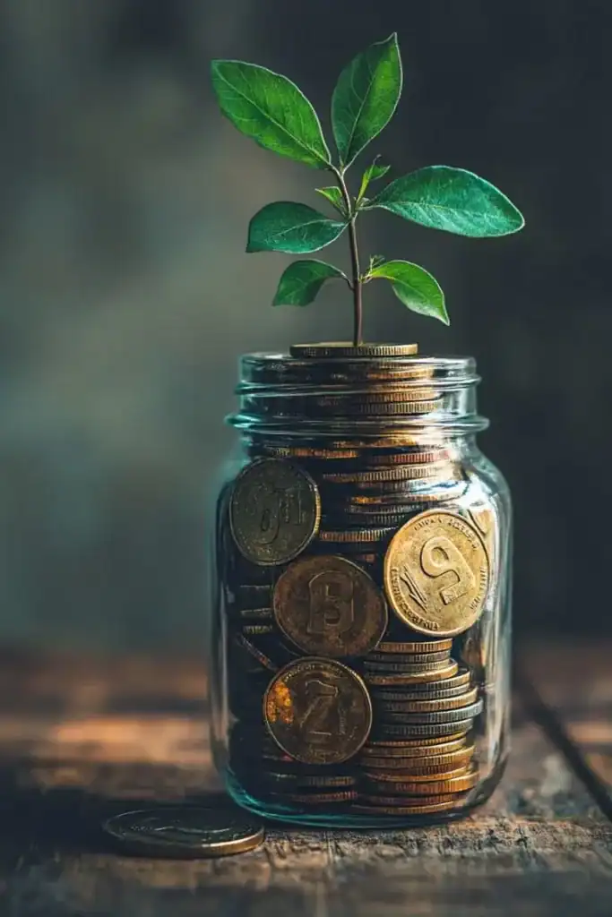 Mason jar filled with coins and a small green plant for St. Patrick's Day decor.