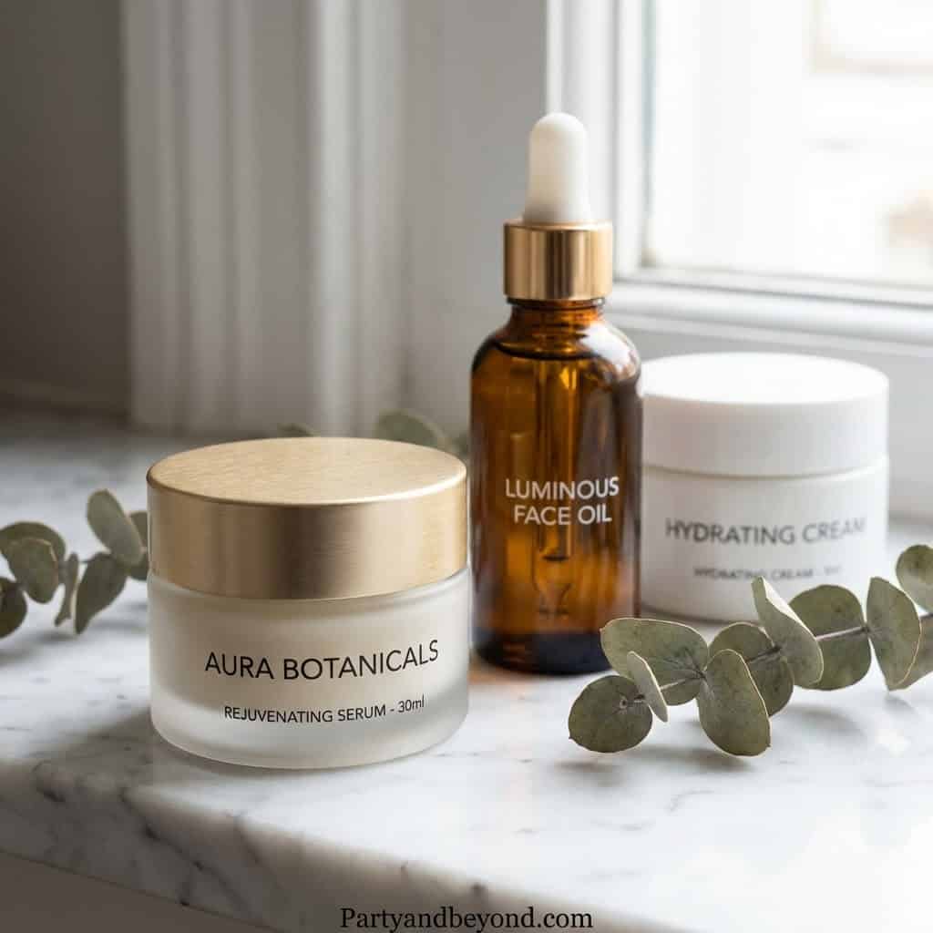 Luminous face oil and skincare products on marble surface for gift ideas.