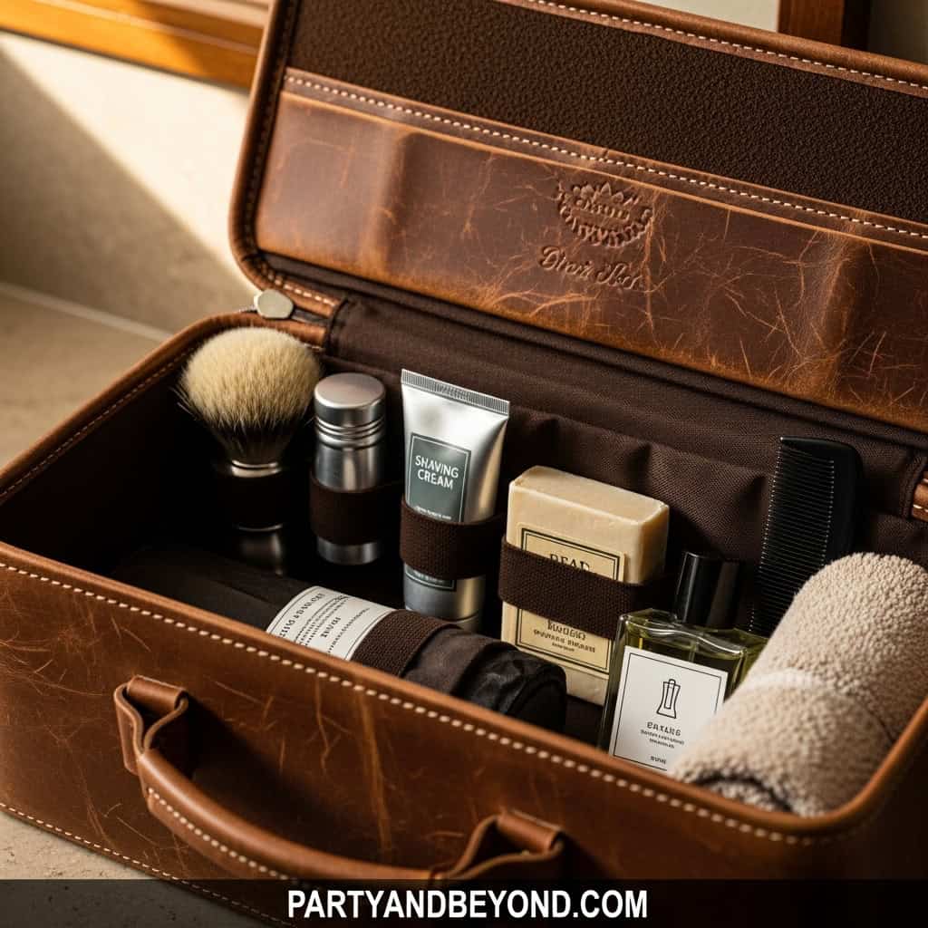 Luxury grooming kit with shaving cream, brushes, and skincare products for men. Ideal anniversary gi.