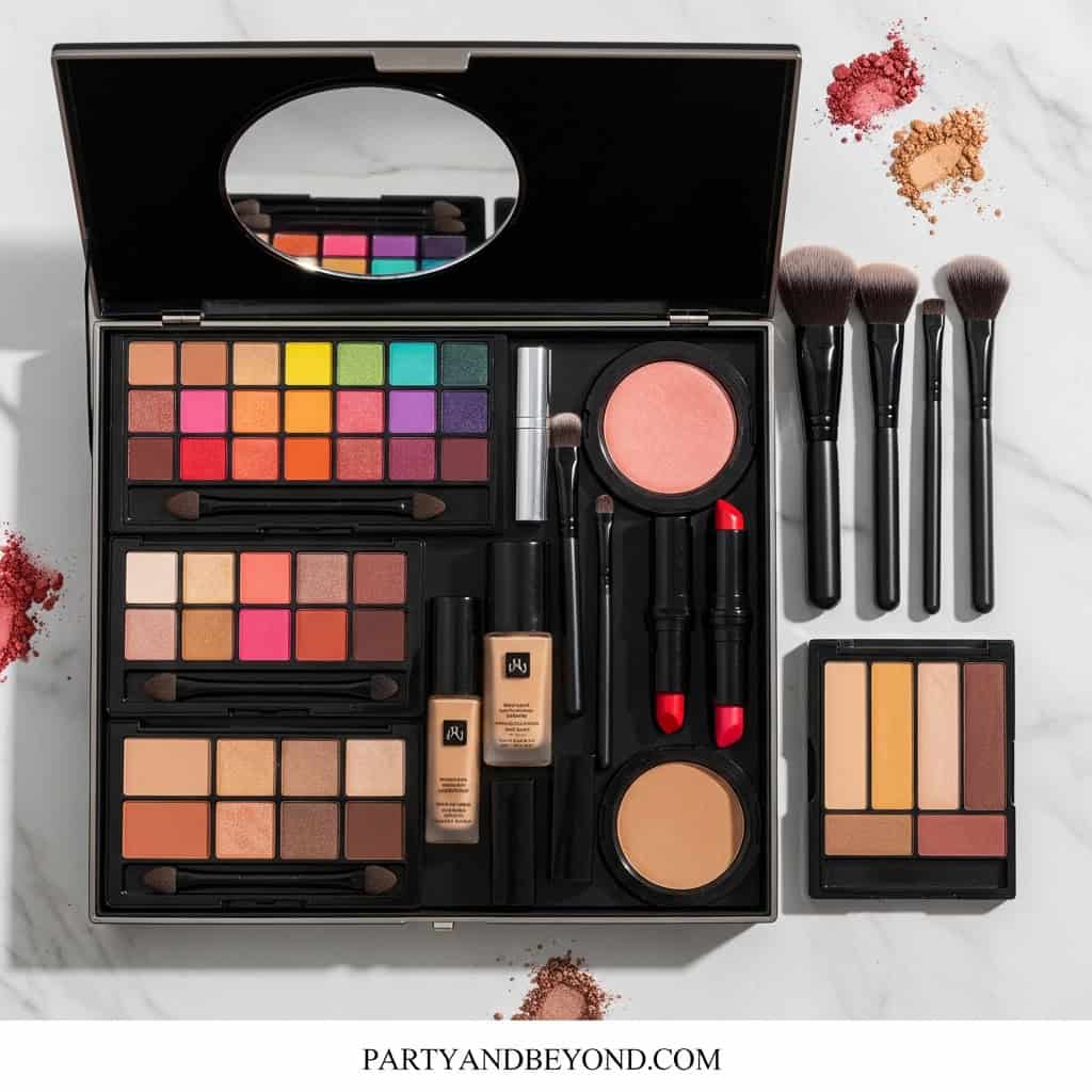 Colorful makeup palette with brushes and blush for teen birthday celebrations.