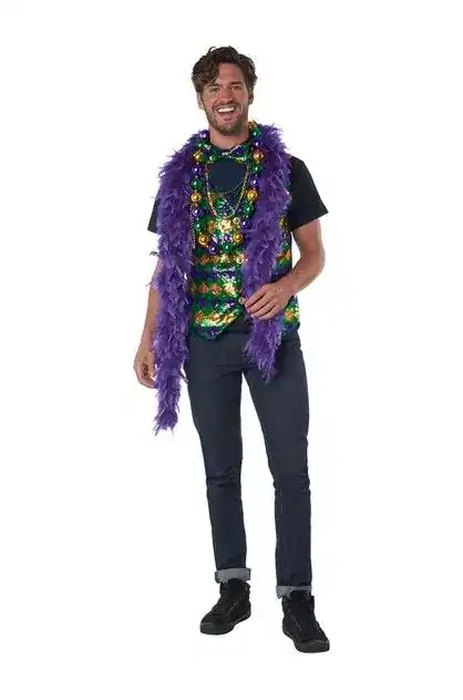 Mardi Gras man wearing colorful beads, feather boa, and festive accessories for Mardi Gras celebrati.