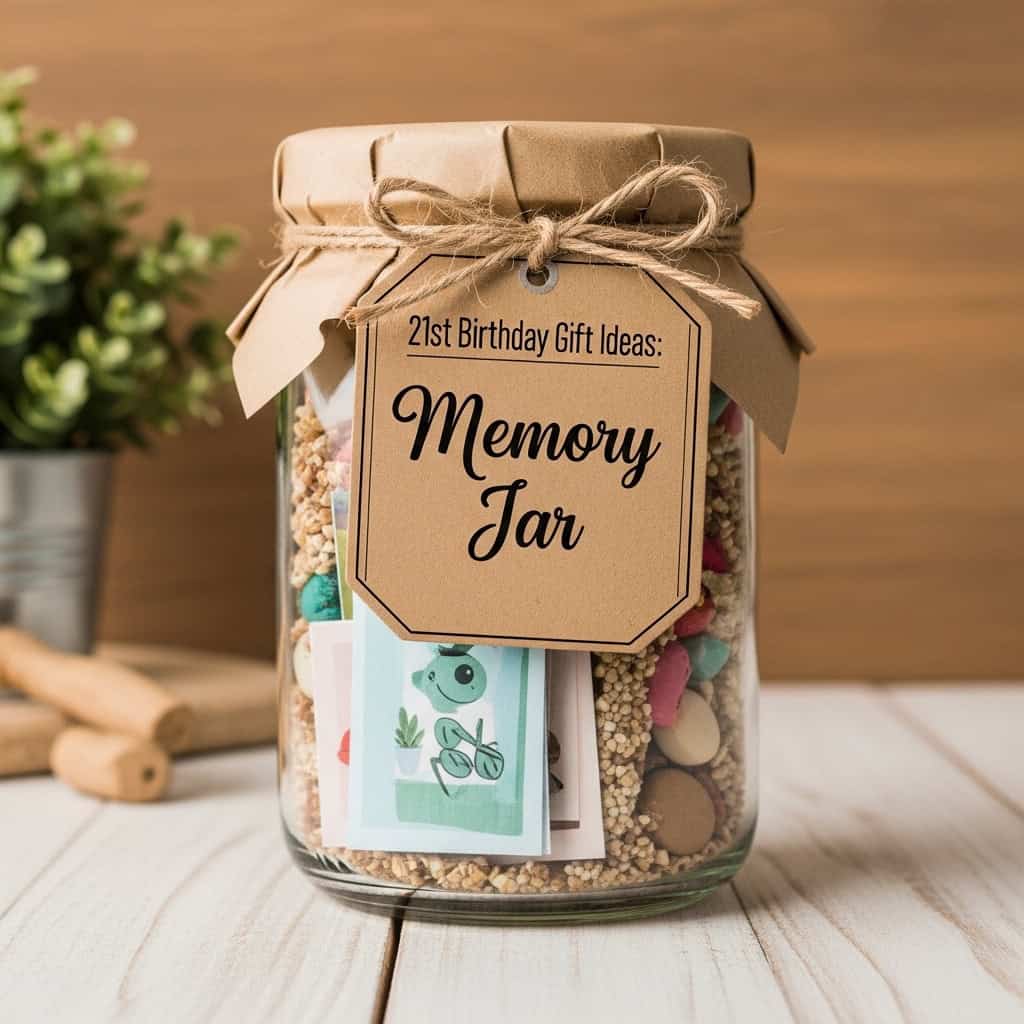 Personalized memory jar with a tag for 21st birthday gift, filled with small keepsakes and mementos.