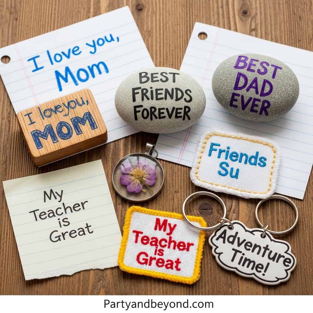 Collection of personalized Father's Day gifts including keychains and engraved stones for dad from k.