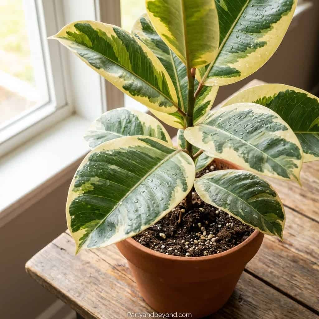 Variegated Rubber Plant in a terracotta pot, perfect gift for mother-in-law.