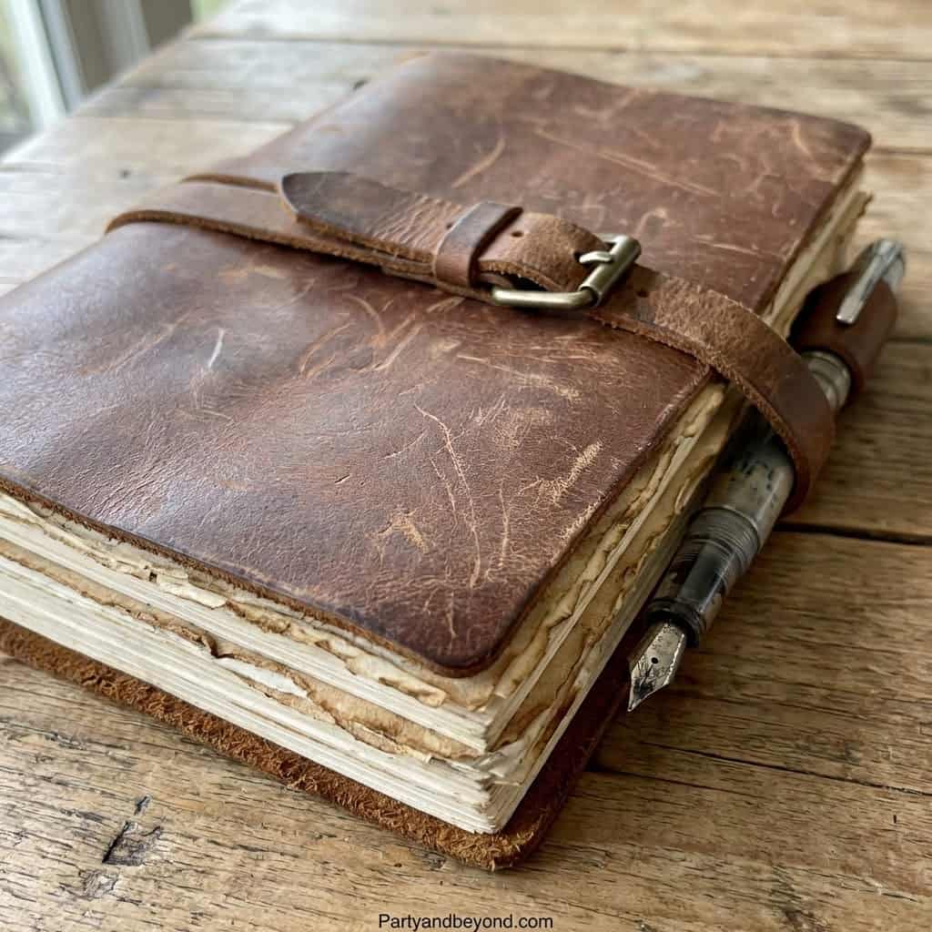 Vintage leather journal with pen, perfect for anniversary gift ideas for husband.