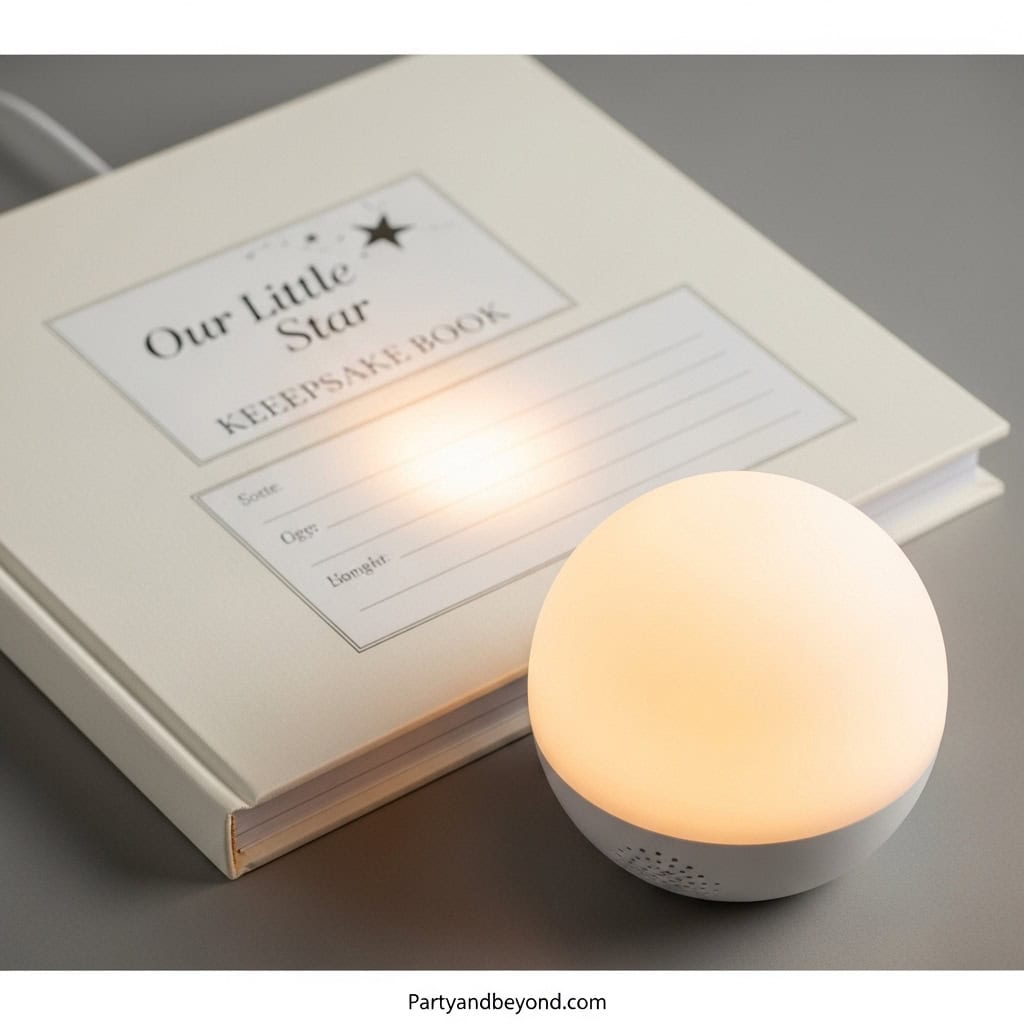 Cute keepsake book and night light for gender reveal or baby shower.